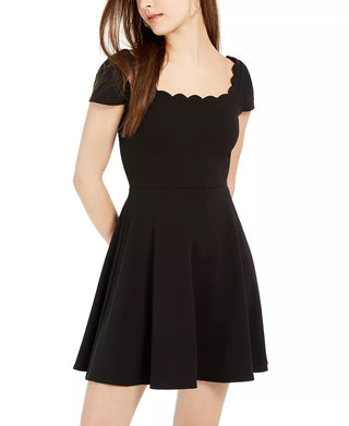 B Darlin Women's Black Low Back Scalloped-Trim Short Sleeve Square Neck Mini Fit + Flare Cocktail Dress Black 13-14