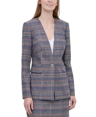 Calvin Klein Women's Navy Plaid Suit Wear To Work Jacket  Brown Size 6 Petite