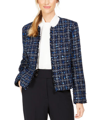 Calvin Klein Women's Petite Tweed Open-Front Jacket Blue Size 14 P