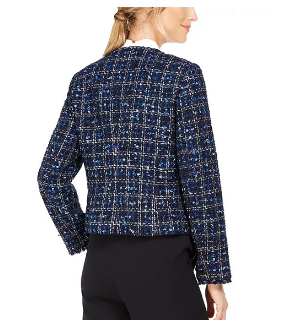 Calvin Klein Women's Petite Tweed Open-Front Jacket Blue Size 14 P