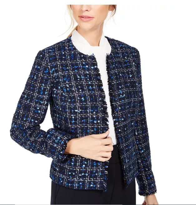 Calvin Klein Women's Petite Tweed Open-Front Jacket Blue Size 14 P