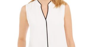 Calvin Klein Women's Split Neck Contrast Trim Top White Size Petite Small