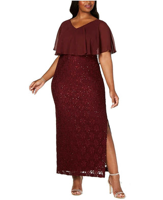 Connected Women's Plus Sequined Lace Overlay Gown Wine Size 14W