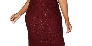 Connected Women's Plus Sequined Lace Overlay Gown Wine Size 14W
