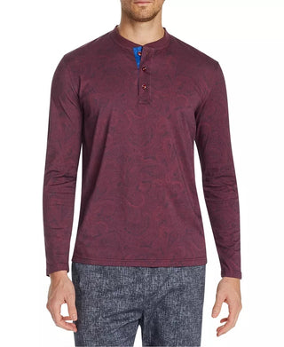 Tallia Men's Slim Fit Mercerized Paisley Long Sleeve Henley Red Size XX-Large