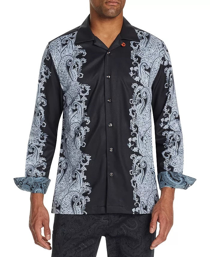 Tallia Men's Slim Fit Performance Stretch Ornate Paisley Long Sleeve Camp Shirt Black Size Small
