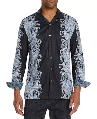 Tallia Men's Slim Fit Performance Stretch Ornate Paisley Long Sleeve Camp Shirt Black Size Small