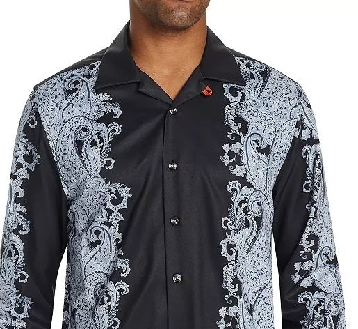 Tallia Men's Slim Fit Performance Stretch Ornate Paisley Long Sleeve Camp Shirt Black Size Small