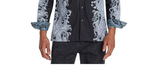 Tallia Men's Slim Fit Performance Stretch Ornate Paisley Long Sleeve Camp Shirt Black Size Small