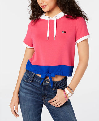 Tommy Hilfiger Sport Women's Hooded Colorblocked Crop Top Pink Size X-Large