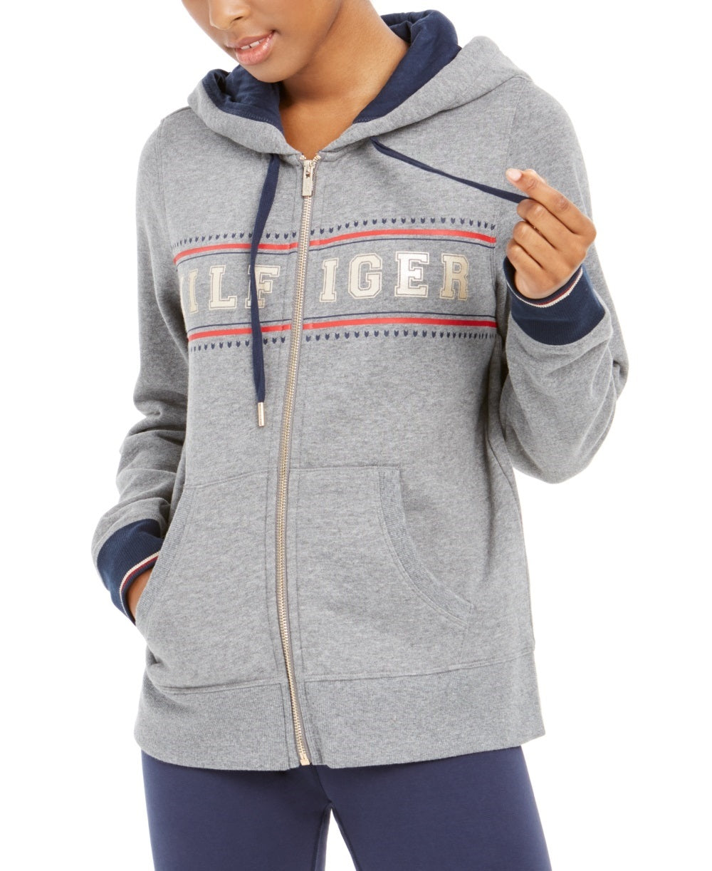 Tommy Hilfiger Women's Sport Zippered Logo Hoodie Gray Size Small