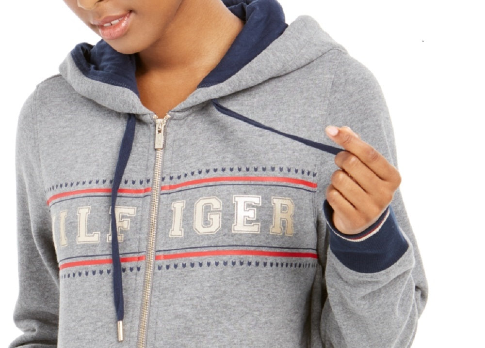Tommy Hilfiger Women's Sport Zippered Logo Hoodie Gray Size Small