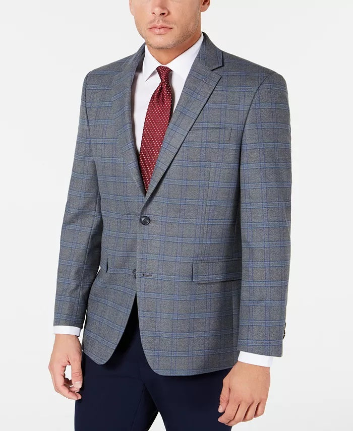 Tommy Hilfiger Men's Modern Fit Thflex Stretch Windowpane Sport Coat Grey Size 44