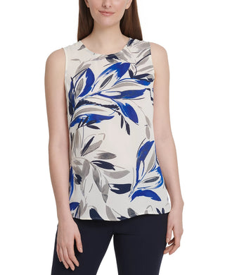 DKNY Women's Printed Scoop-Neck Top Dark Blue Size Medium