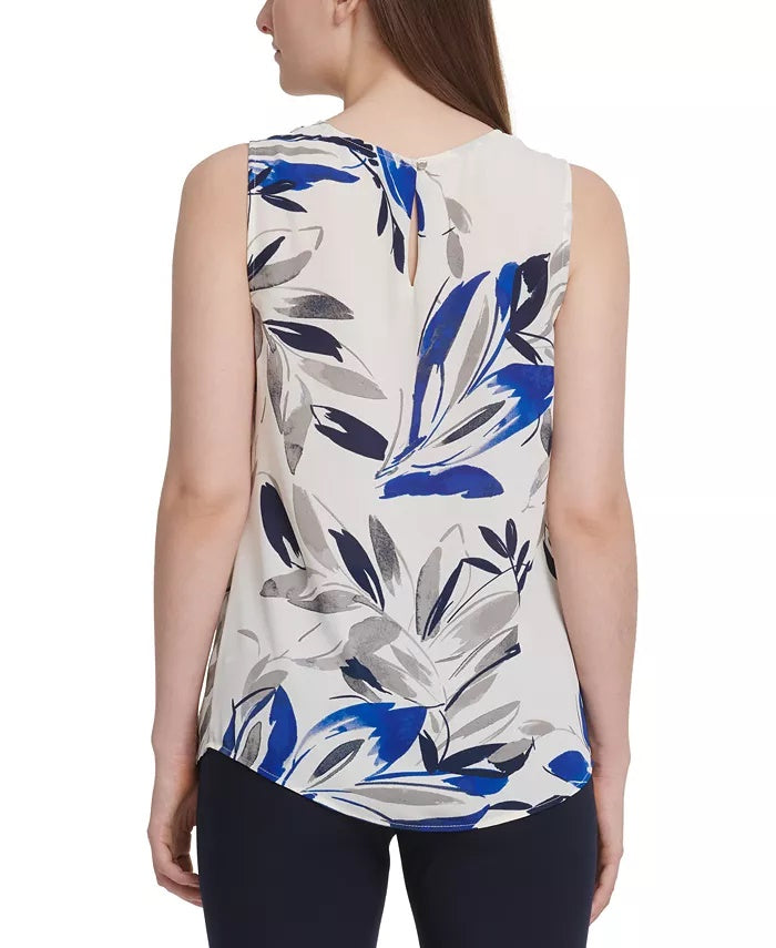 DKNY Women's Printed Scoop-Neck Top Dark Blue Size Medium