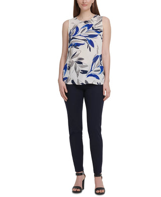 DKNY Women's Printed Scoop-Neck Top Dark Blue Size Medium