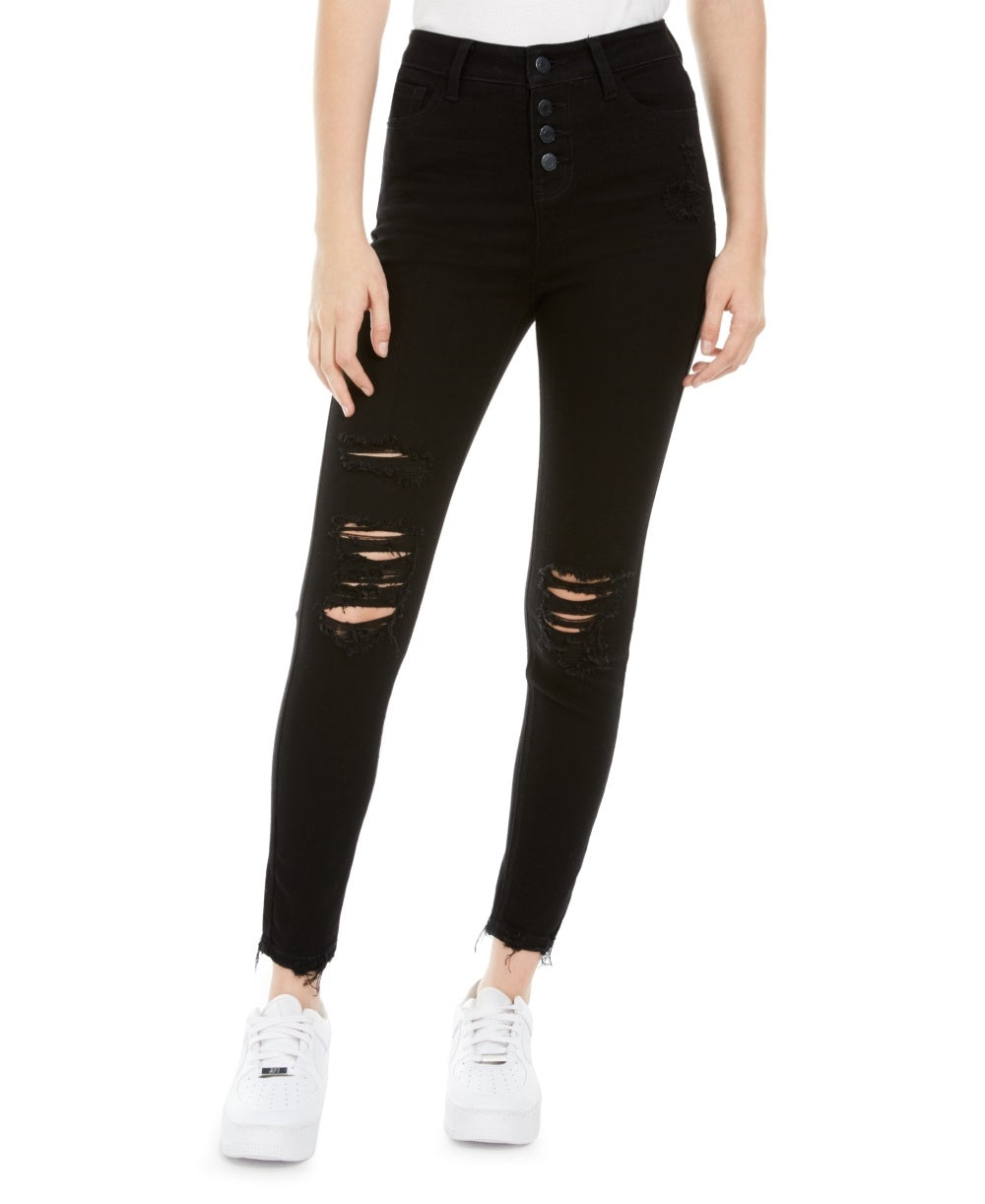 Vanilla Star Junior's Ripped Button Fly Jeans Black Size 5