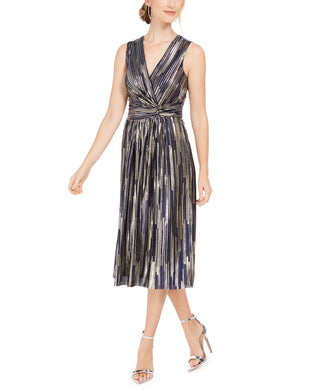 Vince Camuto Women's Metallic Pleat Sleeveless Dress Blue Size 10