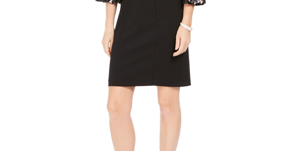 Vince Camuto Women's Sequin Flare Sleeve Cocktail Dress Black Size 14