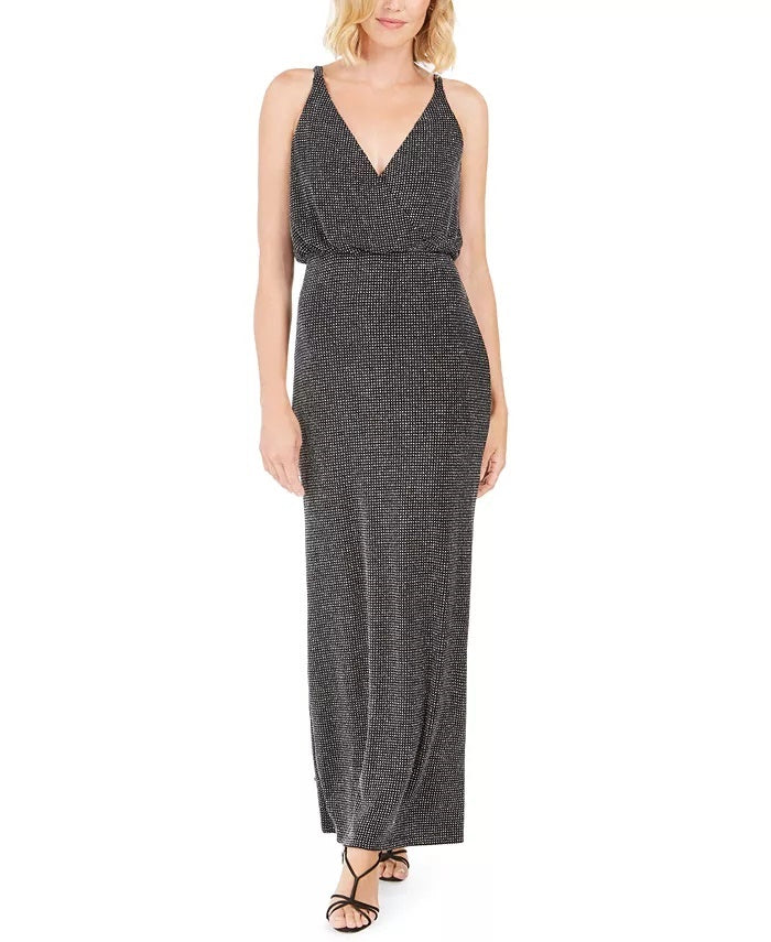 Vince Camuto Women's Glitter Zippered Spaghetti Strap V Neck Full Length Sheath Evening Dress Black Size 8