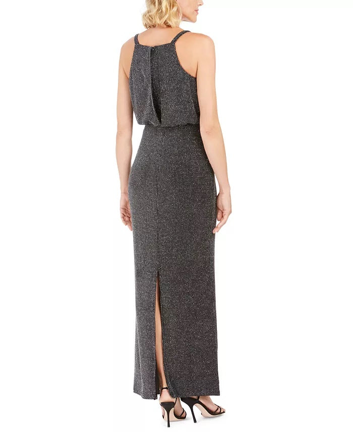 Vince Camuto Women's Glitter Zippered Spaghetti Strap V Neck Full Length Sheath Evening Dress Black Size 8