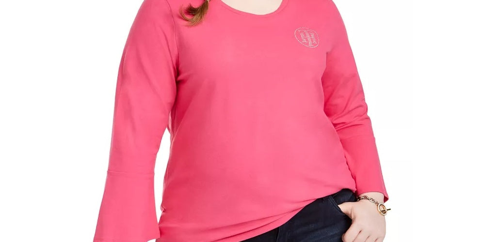 Tommy Hilfiger Women's Embellished Bell Sleeve Top  Pink Size 1X