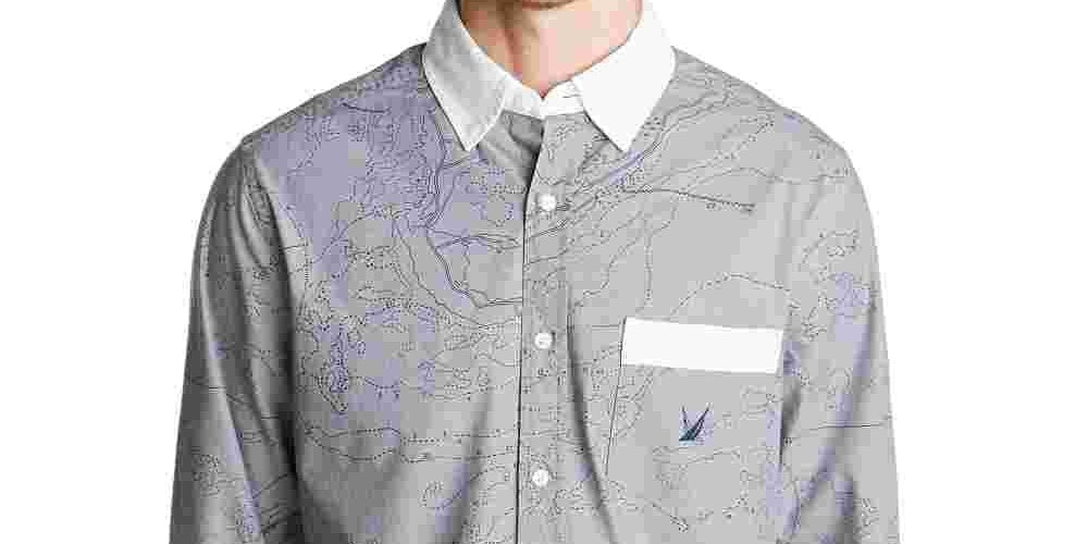 Nautica Men's Oxford Map Print Casual Shirt Gray Size X-Large