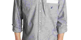 Nautica Men's Oxford Map Print Casual Shirt Gray Size X-Large