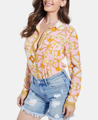 Guess Women's Madyson Printed Long-Sleeve Shirt Pink Size Medium
