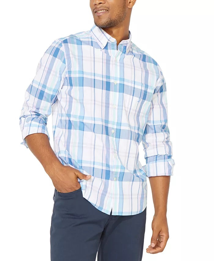 Nautica Men's Blue Sail Plaid Shirt Natural Size Medium