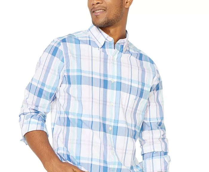 Nautica Men's Blue Sail Plaid Shirt Natural Size Medium
