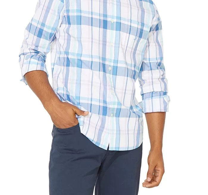 Nautica Men's Blue Sail Plaid Shirt Natural Size Medium