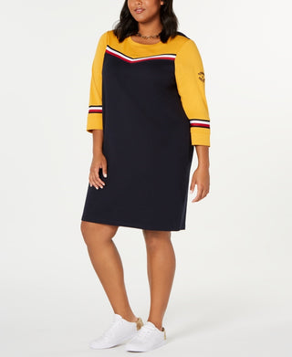 Tommy Hilfiger Women's Plus Size Striped-Trim Cotton Sweatshirt Dress Yellow Size 1X