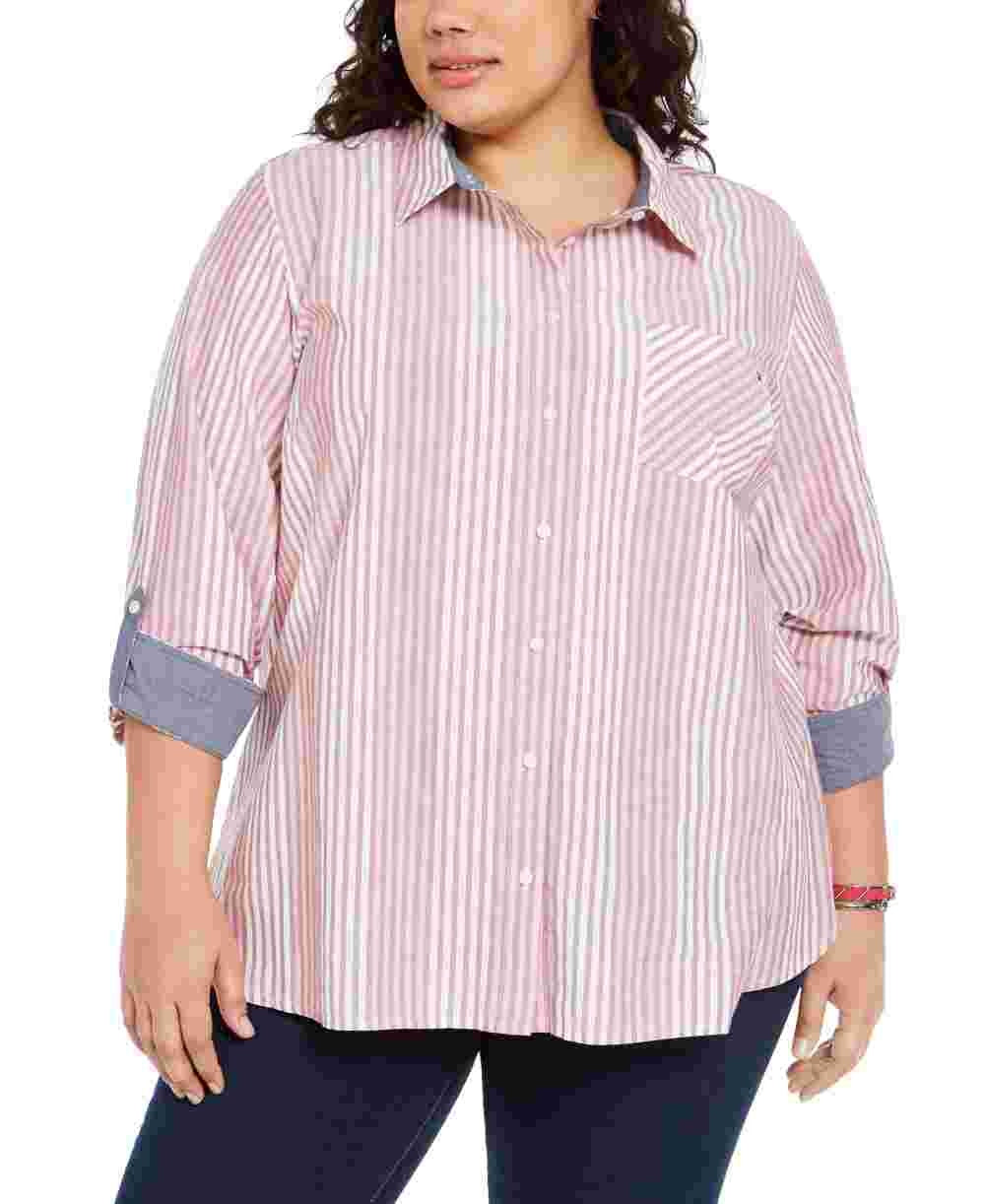 Tommy Hilfiger Women's Striped Cotton Shirt Red Size 2X