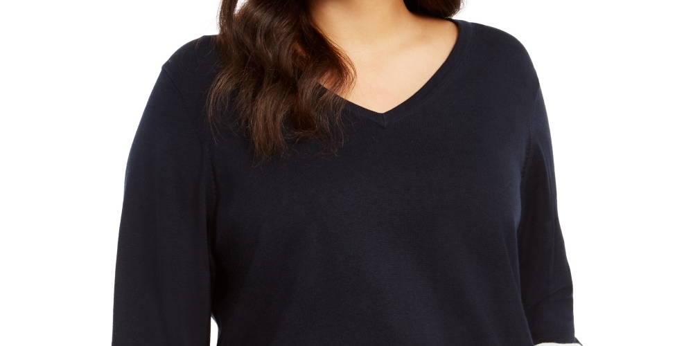 Tommy Hilfiger Women's Plus Size Ivy Striped-Sleeve Sweater Blue Size 0X
