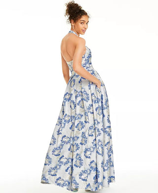 Speechless Juniors' Metallic Floral Brocade Halter Gown Blue Size 9