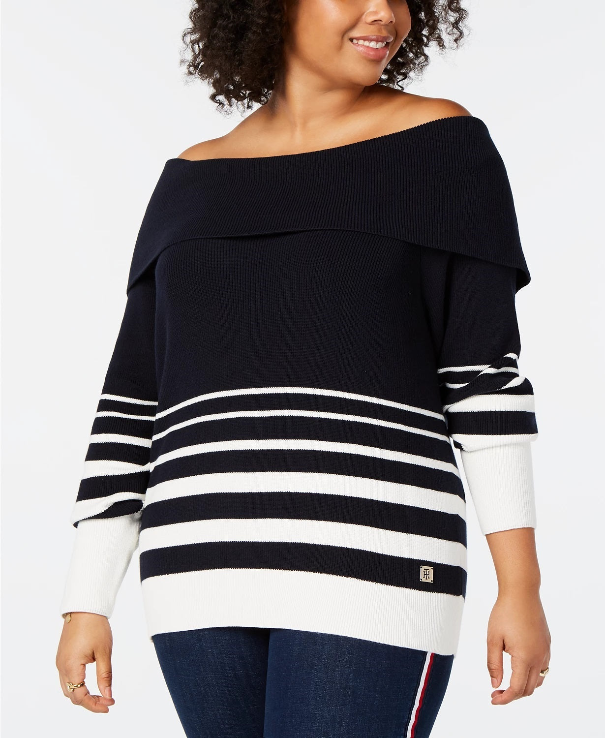 Tommy Hilfiger Women's Color Block Long Sleeve Off Shoulder T-Shirt Sweater Blue Size 1X