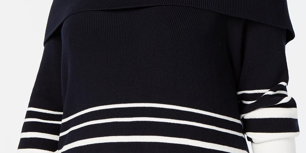 Tommy Hilfiger Women's Color Block Long Sleeve Off Shoulder T-Shirt Sweater Blue Size 1X