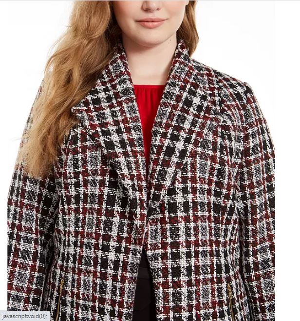 Calvin Klein Women's Plus Tweed Plaid Topper Jacket Red Size 20W