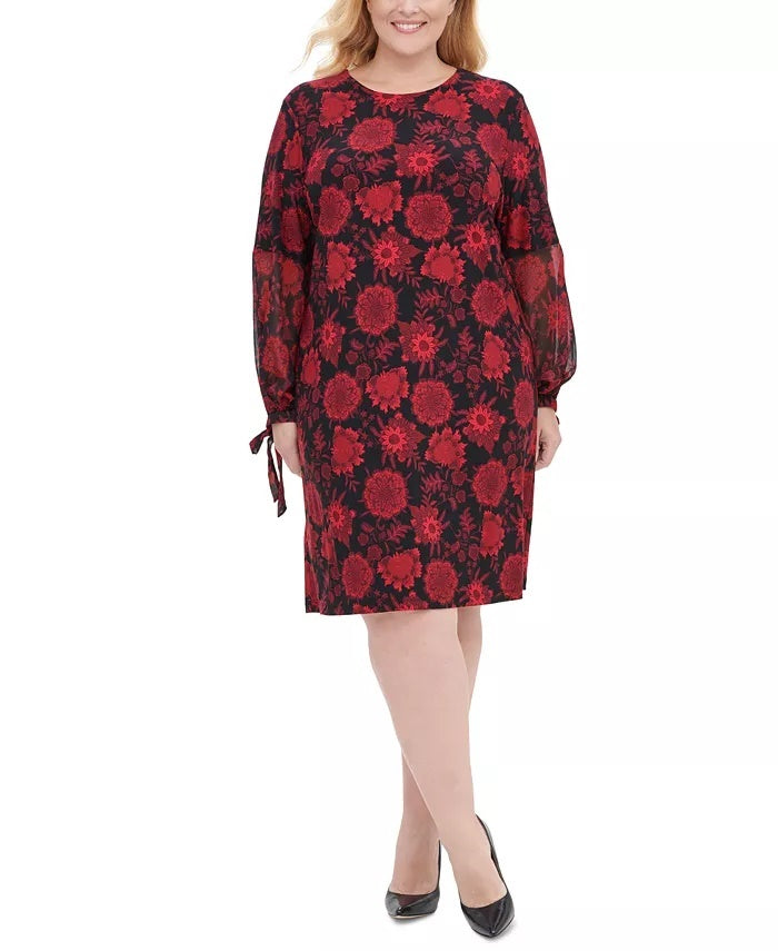 Tommy Hilfiger Women's Floral Long Sleeve Jewel Neck Below Dress Black Size 14W