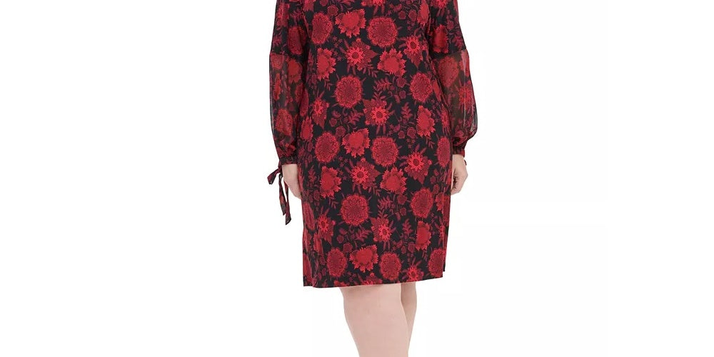 Tommy Hilfiger Women's Floral Long Sleeve Jewel Neck Below Dress Black Size 14W
