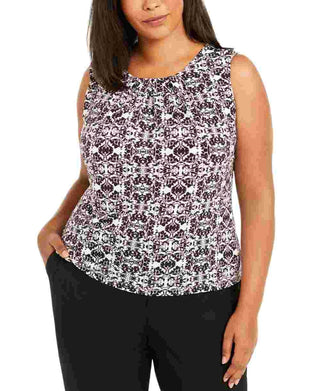 Calvin Klein Women's Sleeveless Printed Pleat Neck Top Black Size 1X