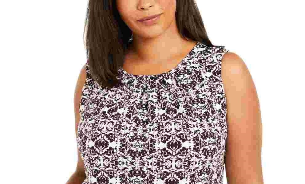 Calvin Klein Women's Sleeveless Printed Pleat Neck Top Black Size 1X