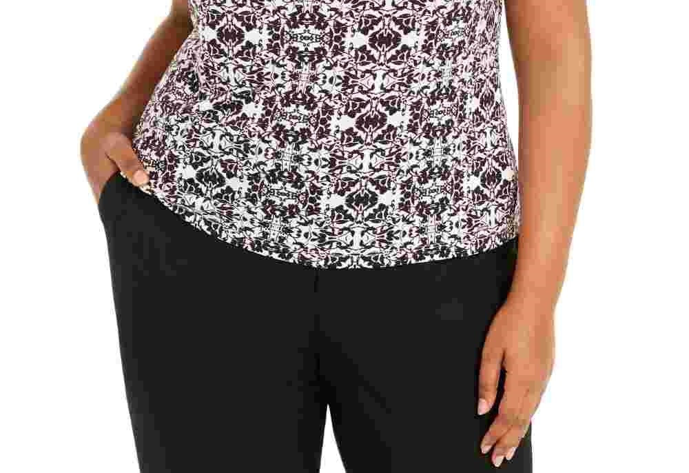 Calvin Klein Women's Sleeveless Printed Pleat Neck Top Black Size 1X