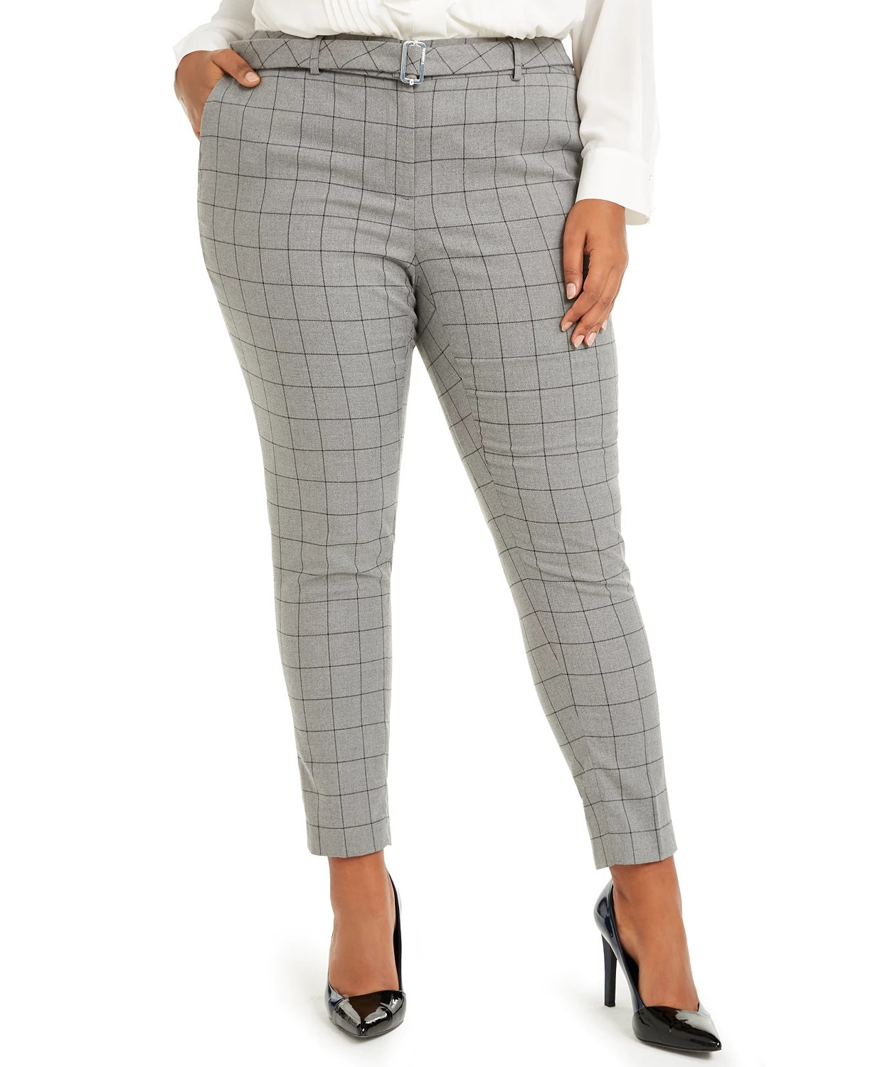 Calvin Klein Women's Plus Belted Windowpane Print Slim Leg Pants Grey Size 14W