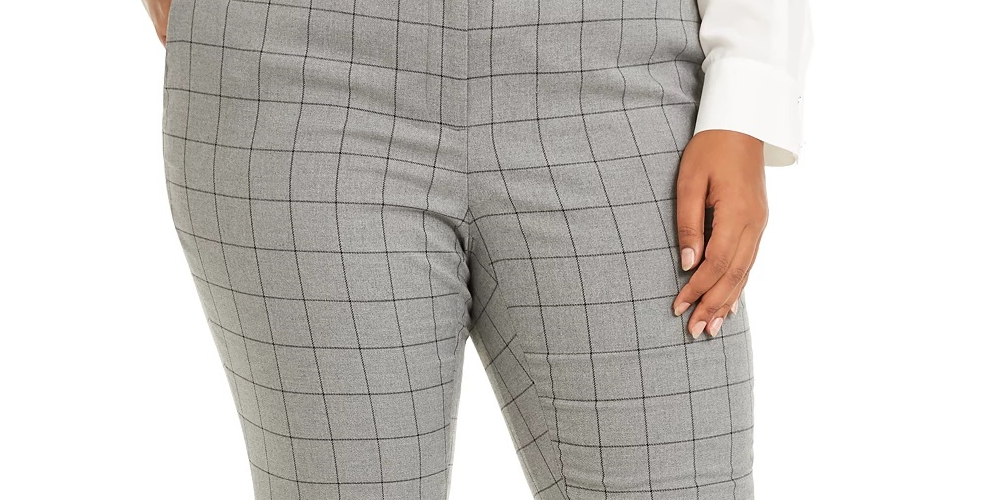 Calvin Klein Women's Plus Belted Windowpane Print Slim Leg Pants Grey Size 14W
