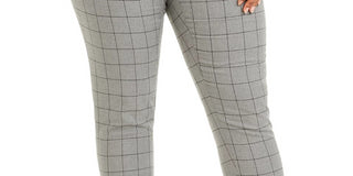 Calvin Klein Women's Plus Belted Windowpane Print Slim Leg Pants Grey Size 14W