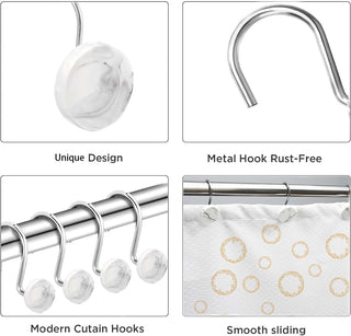 Set of 12 Rust Resistant Shower Curtain Hooks - 6 Designs!
