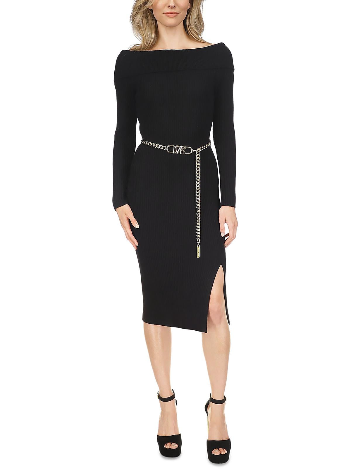 Michael Michael Kors Ribbed Chain Belt Dress Black Size L