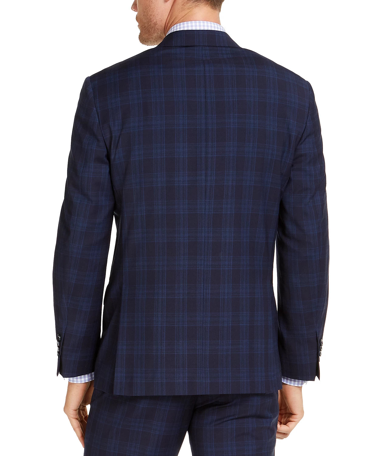 Michael Kors Men's Classic-Fit Airsoft Stretch Navy Blue Plaid Suit Jacket Navy Size 48
